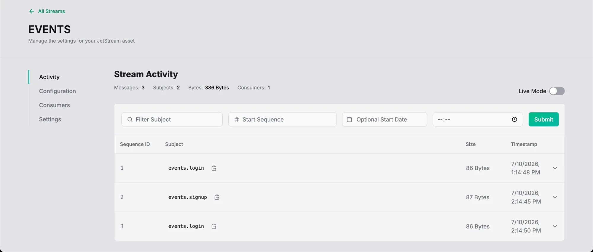 The EVENTS stream in the Synadia Cloud UI, showing stream activity with events.login and events.signup messages.
