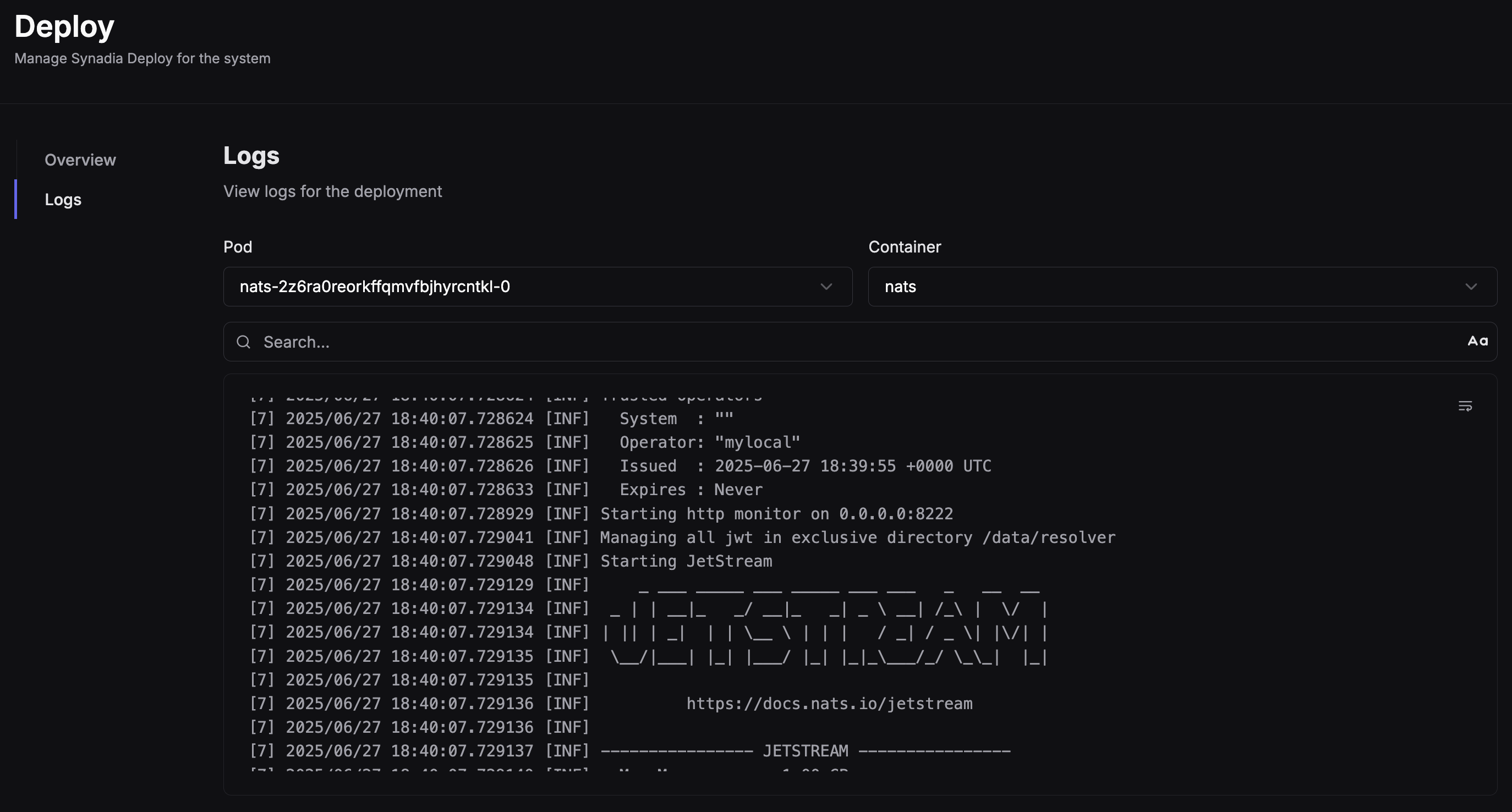 Deploy for Kubernetes NATS server pod logs