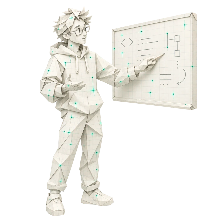 Low-poly papercraft instructor in a hoodie pointing to a whiteboard of code