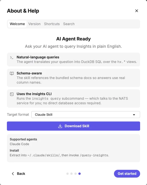 Synadia Insights "AI Agent Ready" panel — download a Claude skill that runs plain-English queries over the Insights dataset using the bundled schema and the insights query CLI