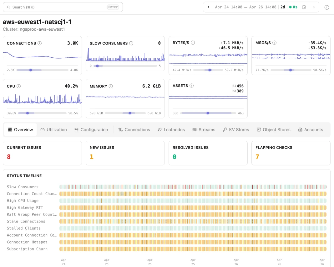 Synadia Insights server overview showing connections, throughput, CPU, memory, and asset metrics alongside a status timeline of recent checks