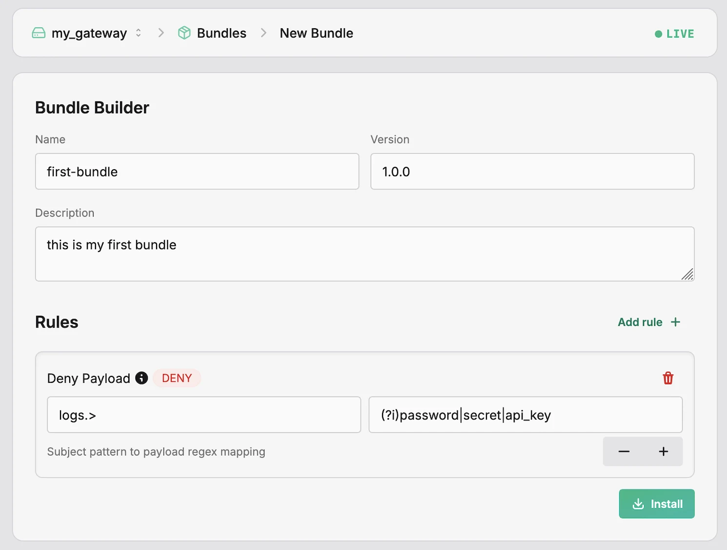 Synadia Protect bundle builder — a new bundle named first-bundle 1.0.0 with a deny-payload rule mapping the logs.> subject pattern to a regex catching password, secret, and api_key