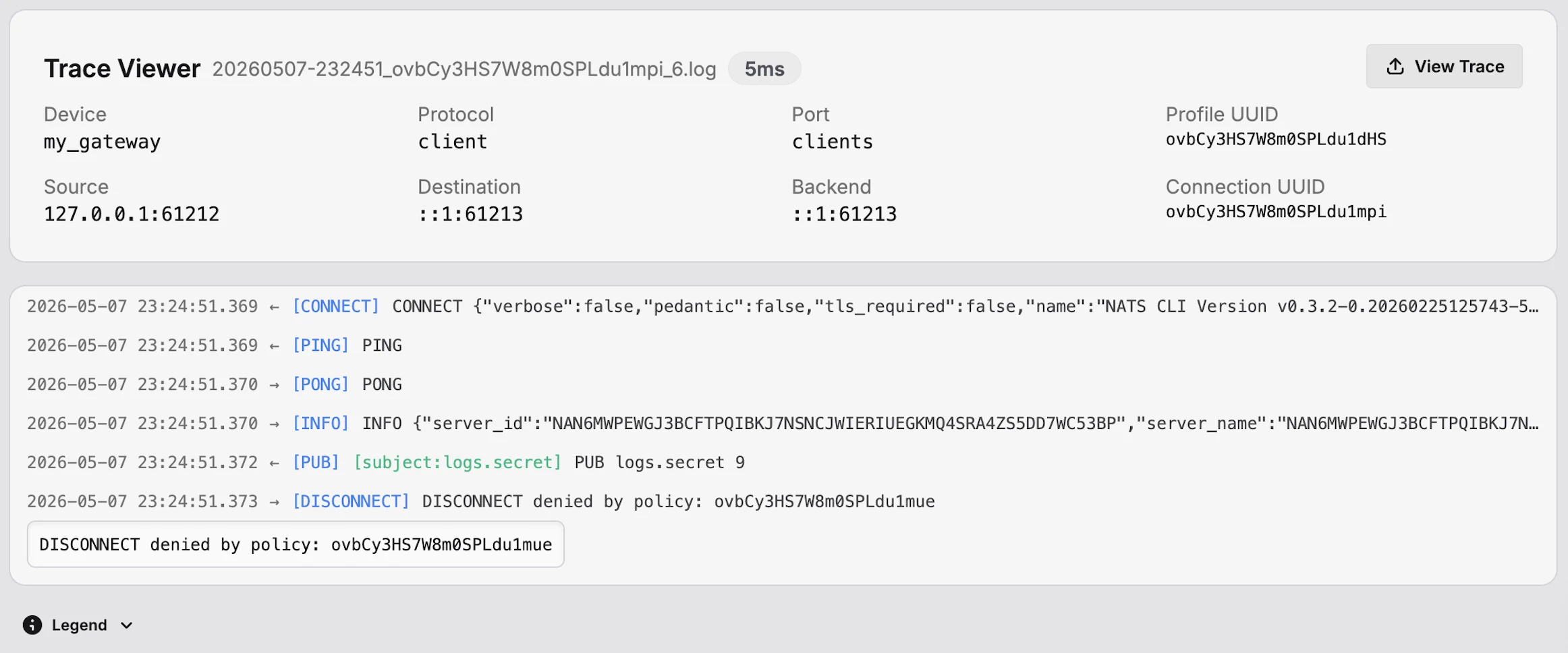 Synadia Protect trace viewer — protocol-level capture of CONNECT, PING, PONG, INFO, PUB, and a final DISCONNECT denied by policy, with timestamps and direction per line