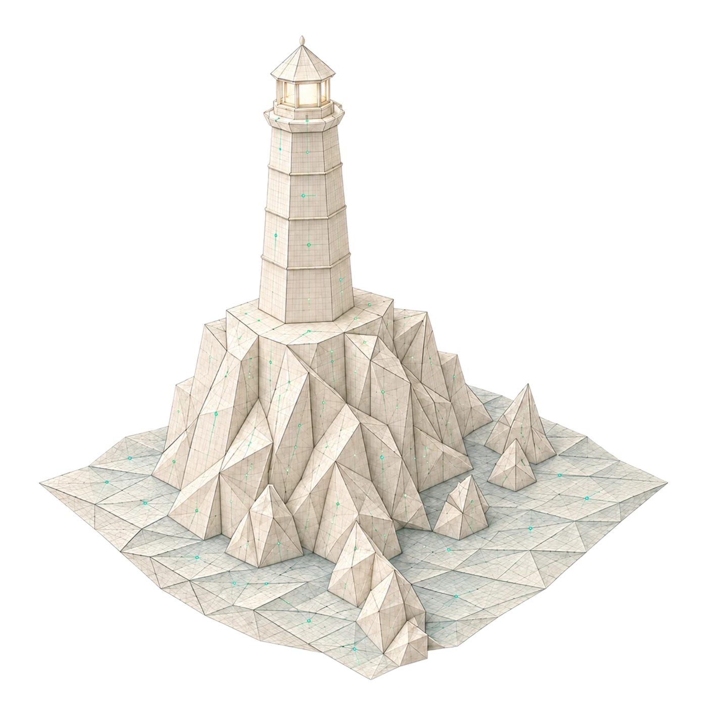 Stylized low-poly lighthouse atop a faceted rocky island surrounded by water, with connected nodes across its surface
